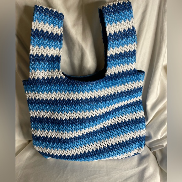 Future Collective Tote Blue Striped Straw Summer Purse Bag - Picture 3 of 8